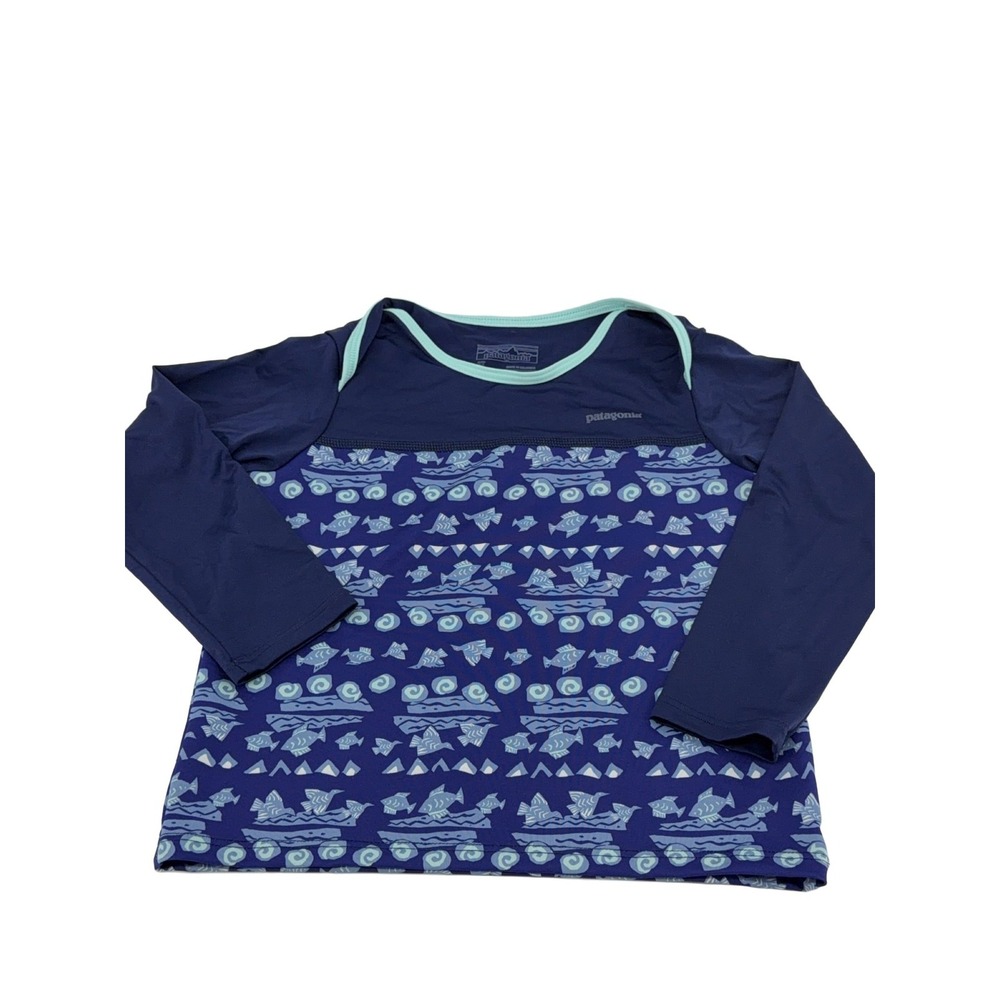 Patagonia Long Sleeve Rash Guard Swim Shirt Toddler 2T Navy Blue Fish Waves